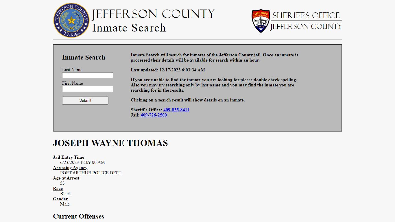 Jefferson County, TX Inmate Search