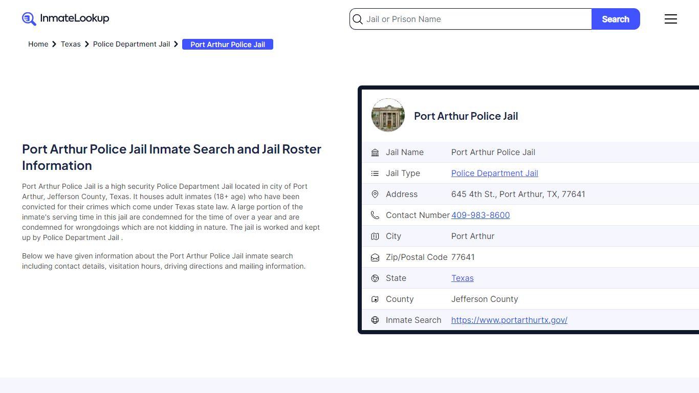Port Arthur Police Jail Inmate Search and Jail Roster Information