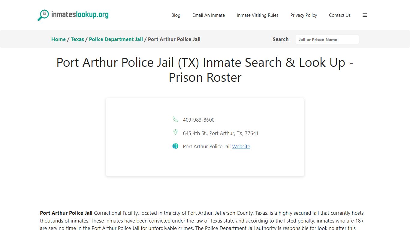 Port Arthur Police Jail (TX) Inmate Search & Look Up - Prison Roster